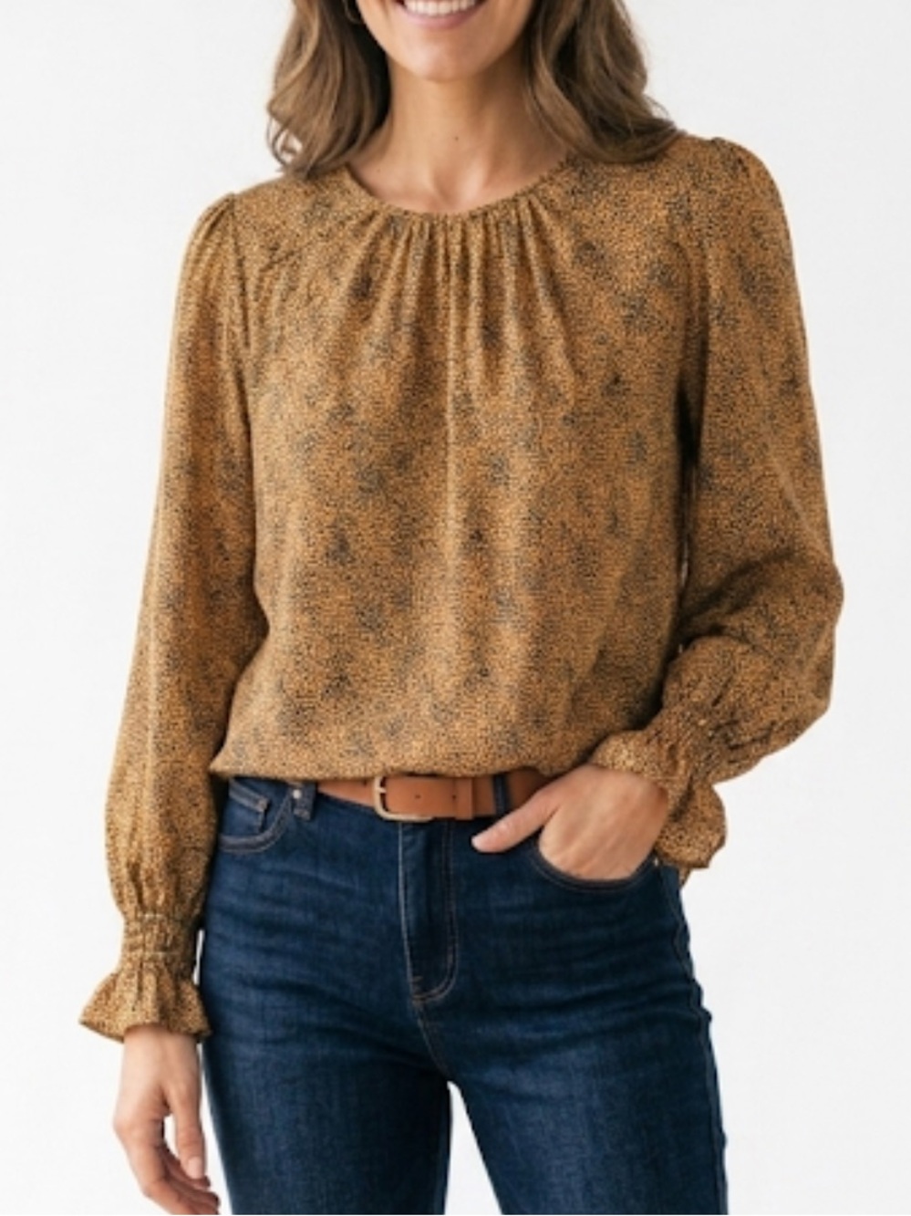 Sincerity Jules cheetah print long rushed sleeve top size M